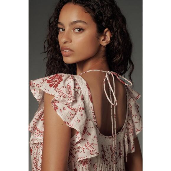 Maeve Flutter-Sleeve Babydoll Mini Dress Size Medium Red White Lace Floral - Picture 4 of 11